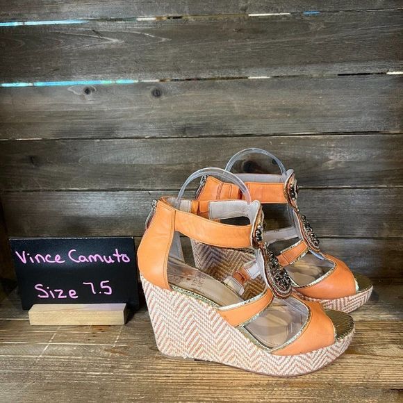 Womens Vince Camuto Torta Coral Leather Espadrille Wedge Heeled Sandals Size 7.5 - Picture 1 of 7